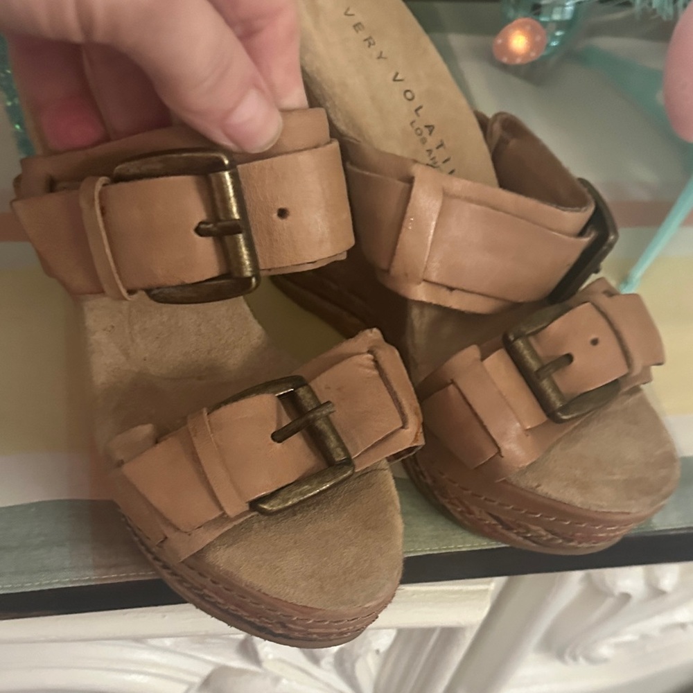 Very Volatile Buckle Strap Tan Wedges